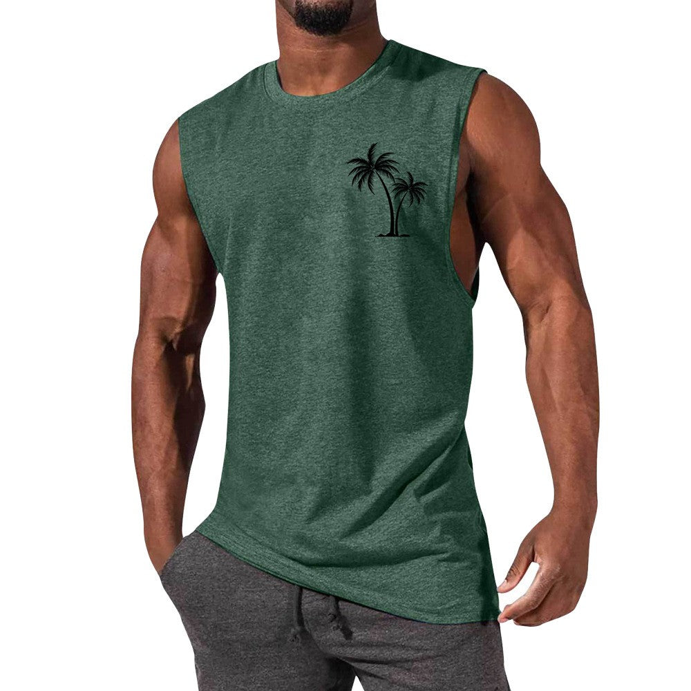 Coconut Tree Embroidery Vest Summer Beach Tank Tops Workout Muscle Men Sports Fitness T-shirt — vue 12 — AZOTH