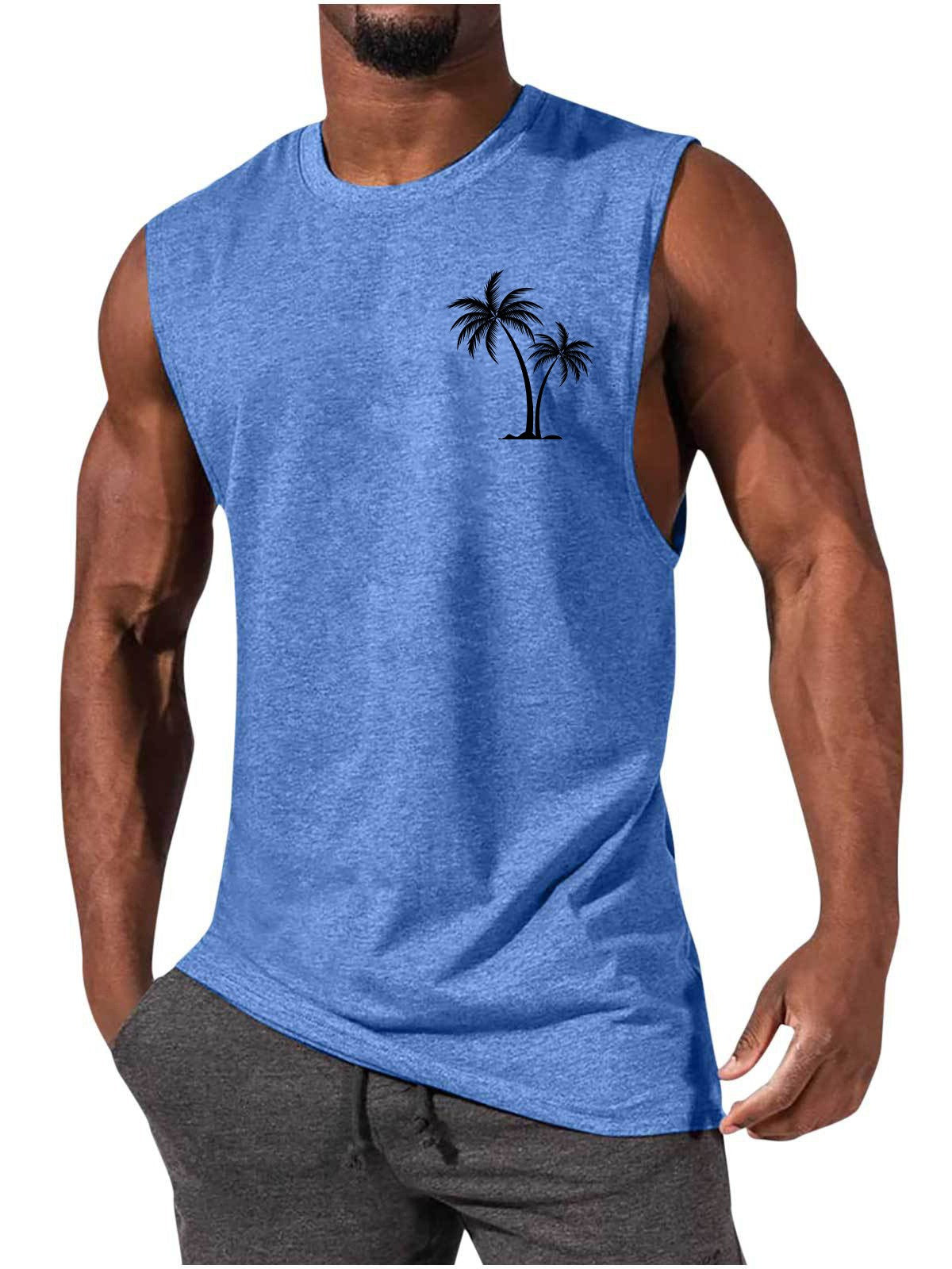 Coconut Tree Embroidery Vest Summer Beach Tank Tops Workout Muscle Men Sports Fitness T-shirt — vue 13 — AZOTH