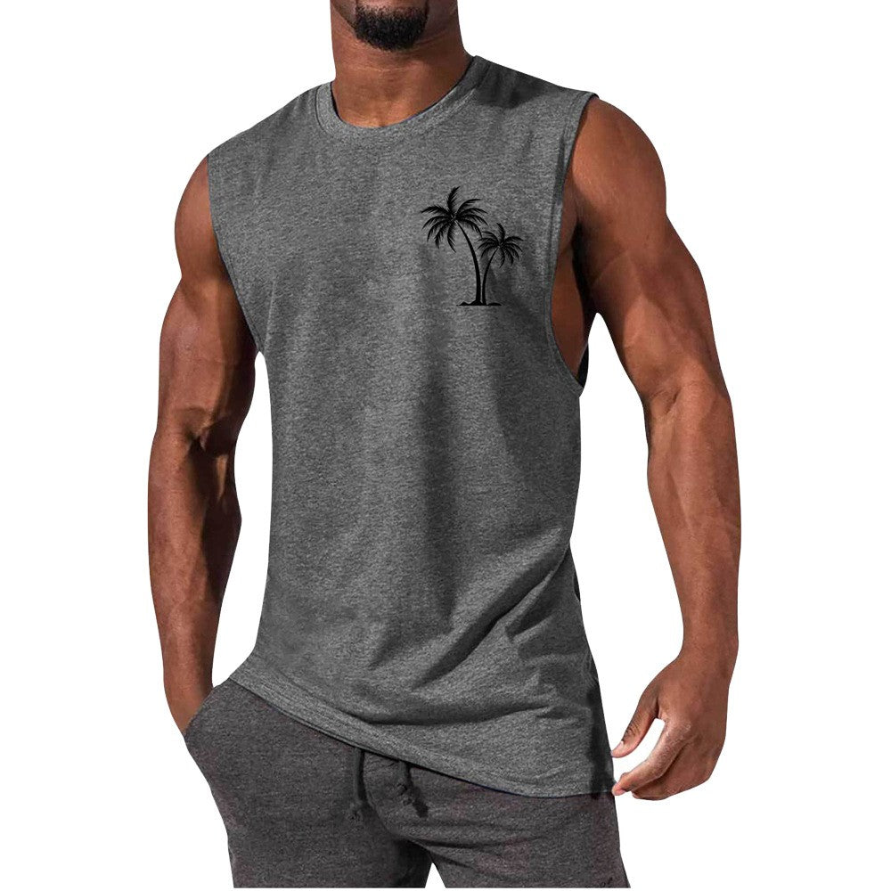 Coconut Tree Embroidery Vest Summer Beach Tank Tops Workout Muscle Men Sports Fitness T-shirt — vue 7 — AZOTH