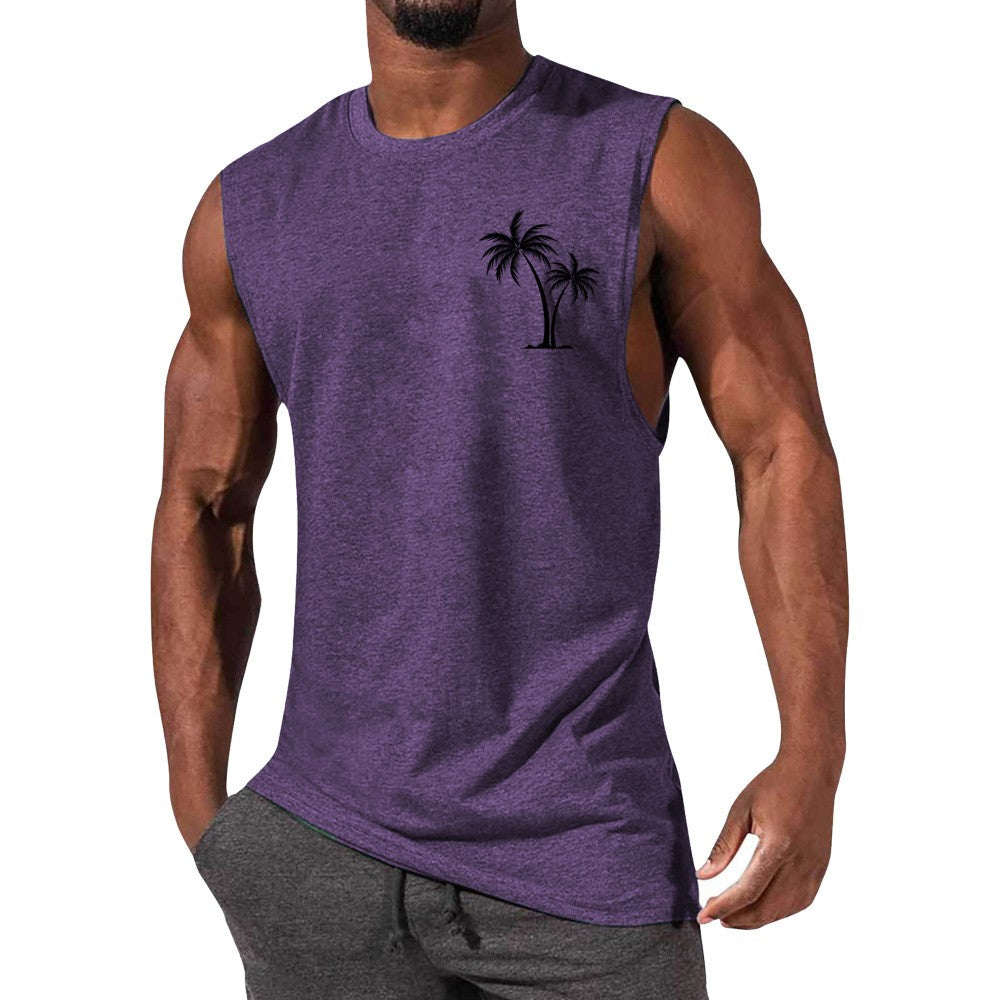 Coconut Tree Embroidery Vest Summer Beach Tank Tops Workout Muscle Men Sports Fitness T-shirt — vue 10 — AZOTH