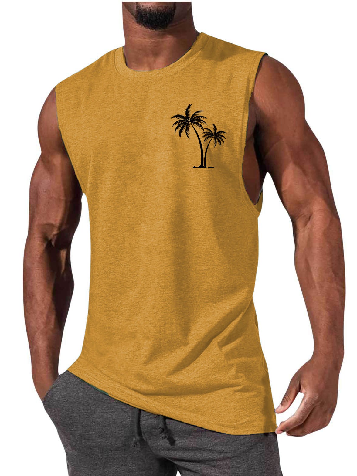 Coconut Tree Embroidery Vest Summer Beach Tank Tops Workout Muscle Men Sports Fitness T-shirt — vue 5 — AZOTH