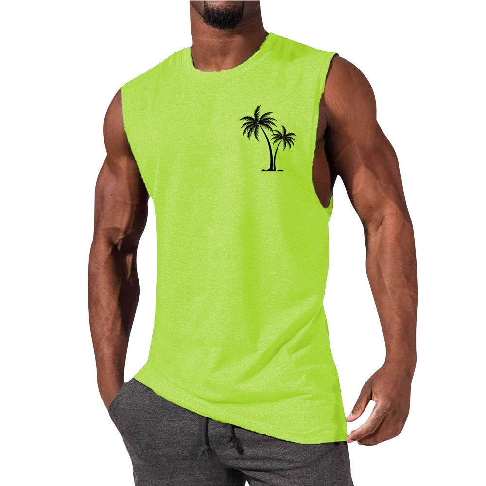 Coconut Tree Embroidery Vest Summer Beach Tank Tops Workout Muscle Men Sports Fitness T-shirt — vue 8 — AZOTH