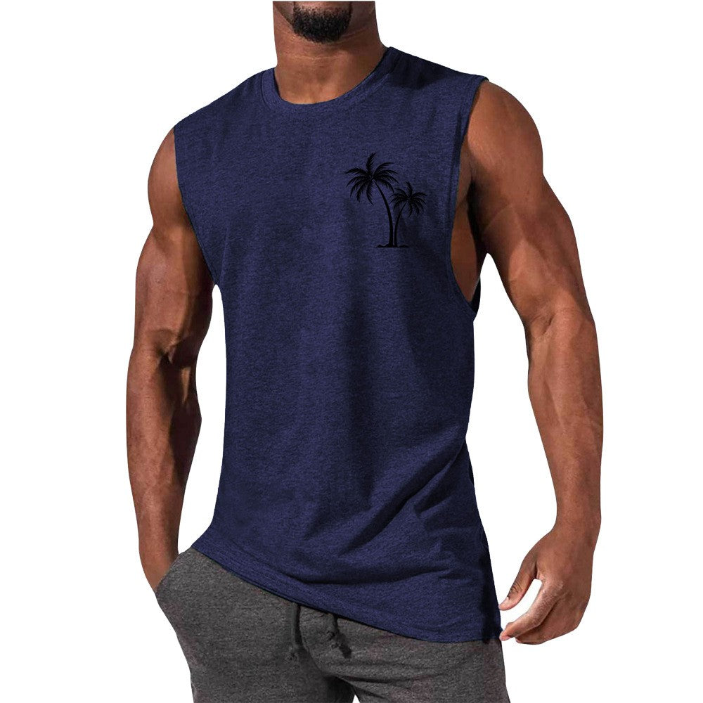 Coconut Tree Embroidery Vest Summer Beach Tank Tops Workout Muscle Men Sports Fitness T-shirt — vue 9 — AZOTH