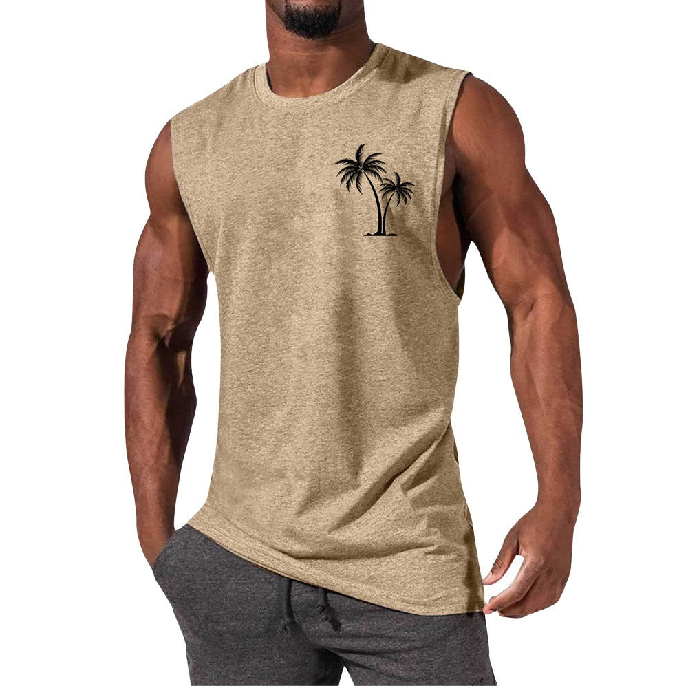 Coconut Tree Embroidery Vest Summer Beach Tank Tops Workout Muscle Men Sports Fitness T-shirt — vue 6 — AZOTH